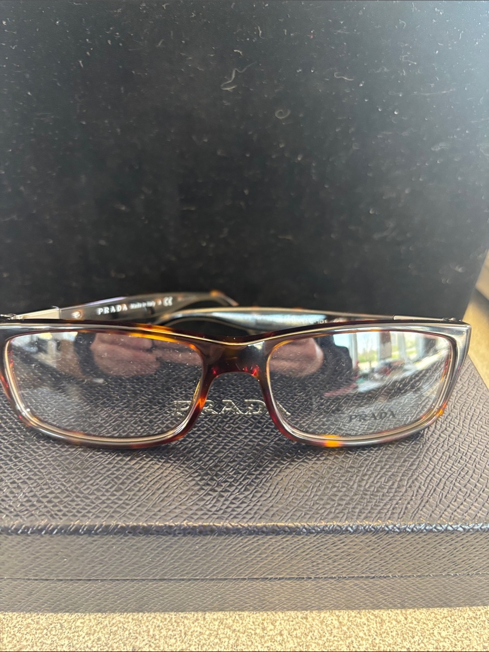 Prada Tortoiseshell Rectangular Frame RX Glasses in Brown and Amber